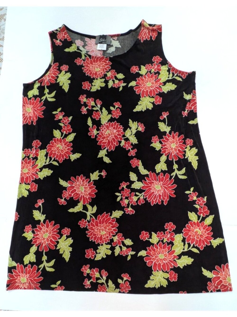 Slinky Brand Shift Dress Womens 2X Red Black Floral Print Sleeveless Stretch